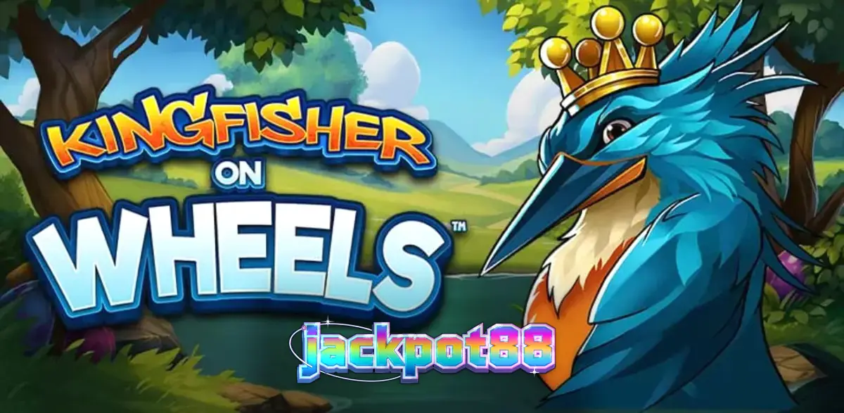 Pemandangan visual slot Kingfisher on Wheels dengan latar belakang sungai dan raja udang bermahkota