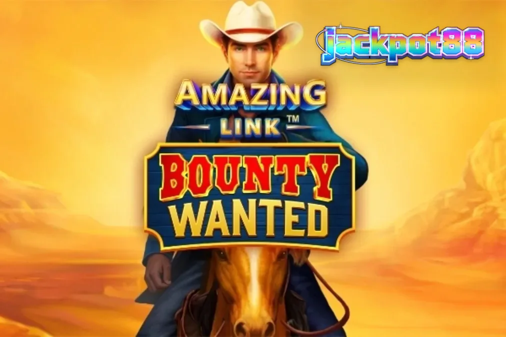 Tampilan visual slot Amazing Link Bounty Wanted dengan latar belakang gurun dan simbol koboi.